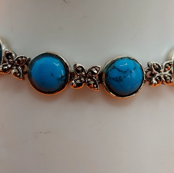 Stabilized‎ Round Turquoise 8mm & Marcasite 925 Sterling Silver Bracelet 7" - Picture 3 of 9
